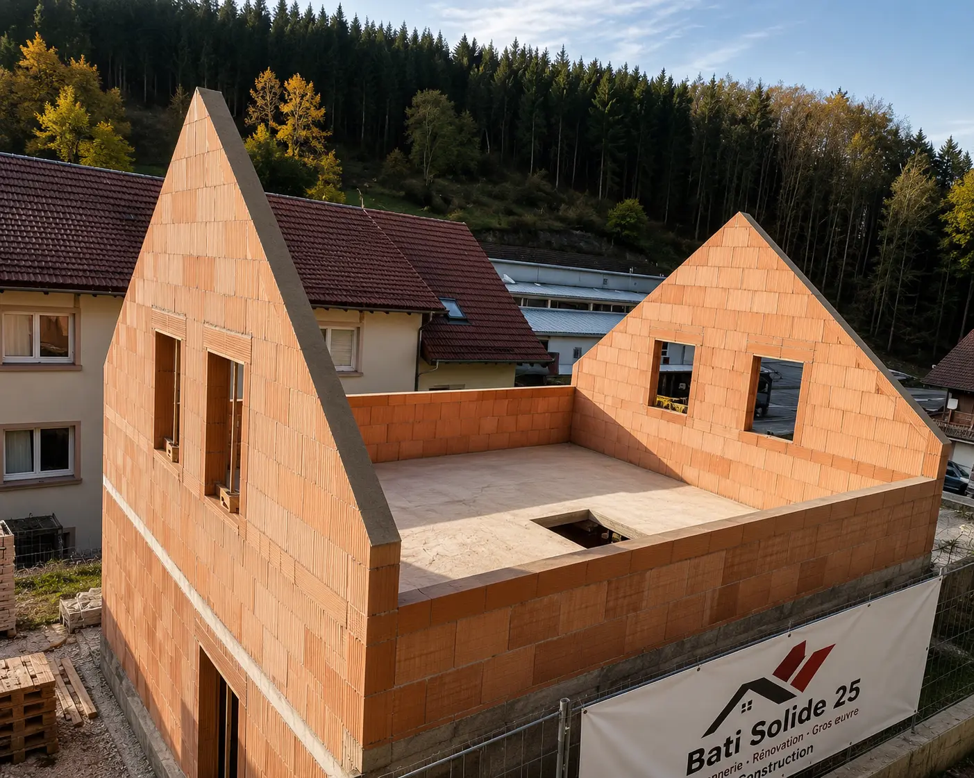 Chantier de maçonnerie générale à Besançon avec banderole Bati Solide 25