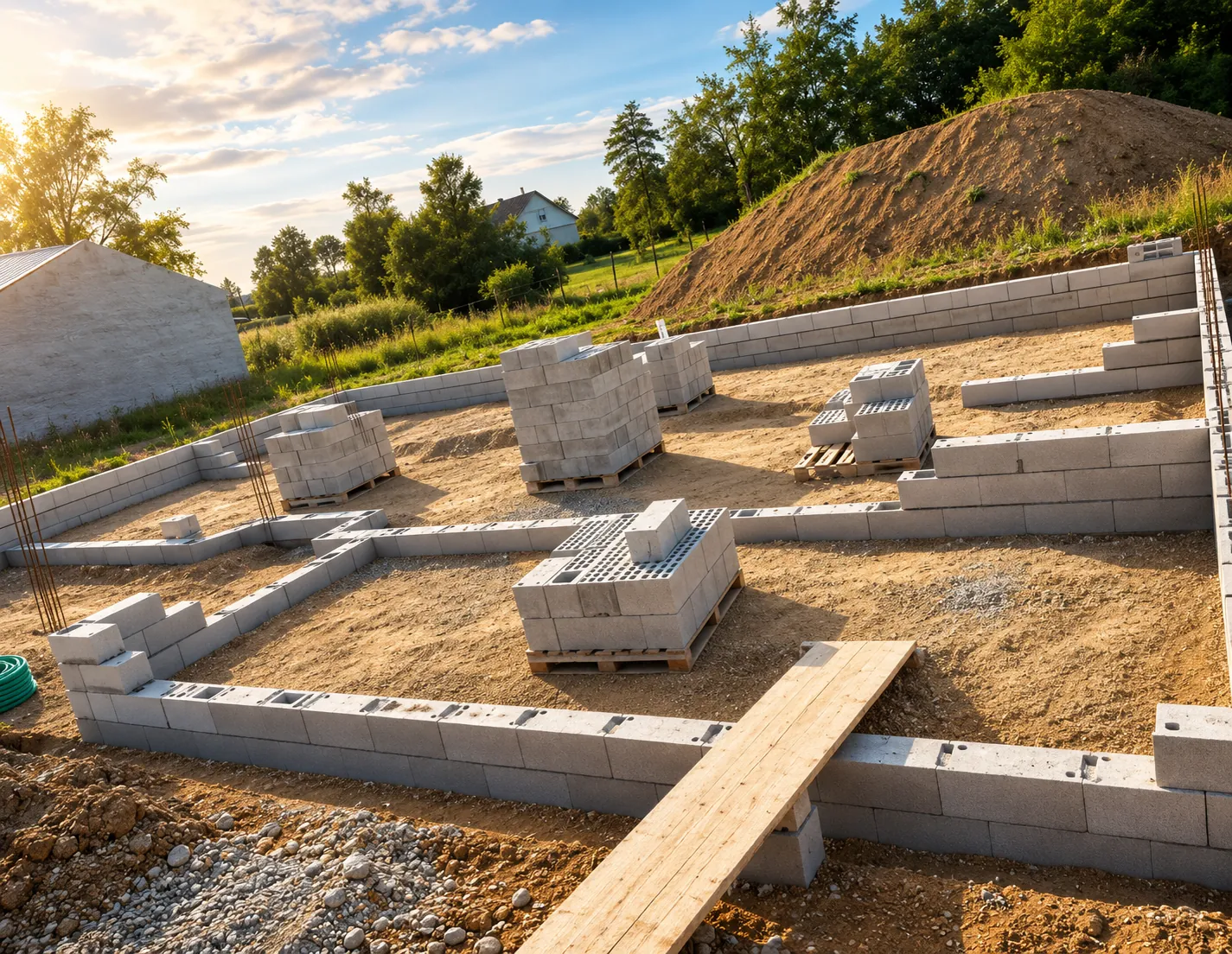 Chantier de gros œuvre et construction neuve en briques rouges dans le Doubs (25).