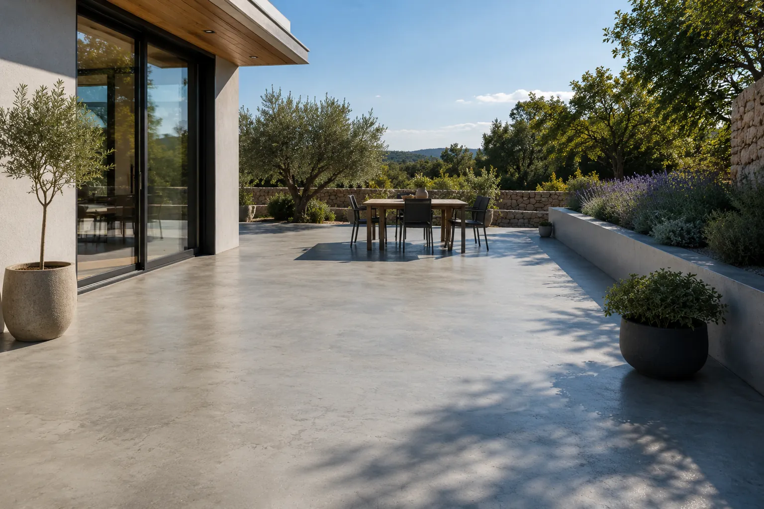 Aménagement extérieur avec création d'une terrasse en béton lissé par artisan maçon à Besançon.